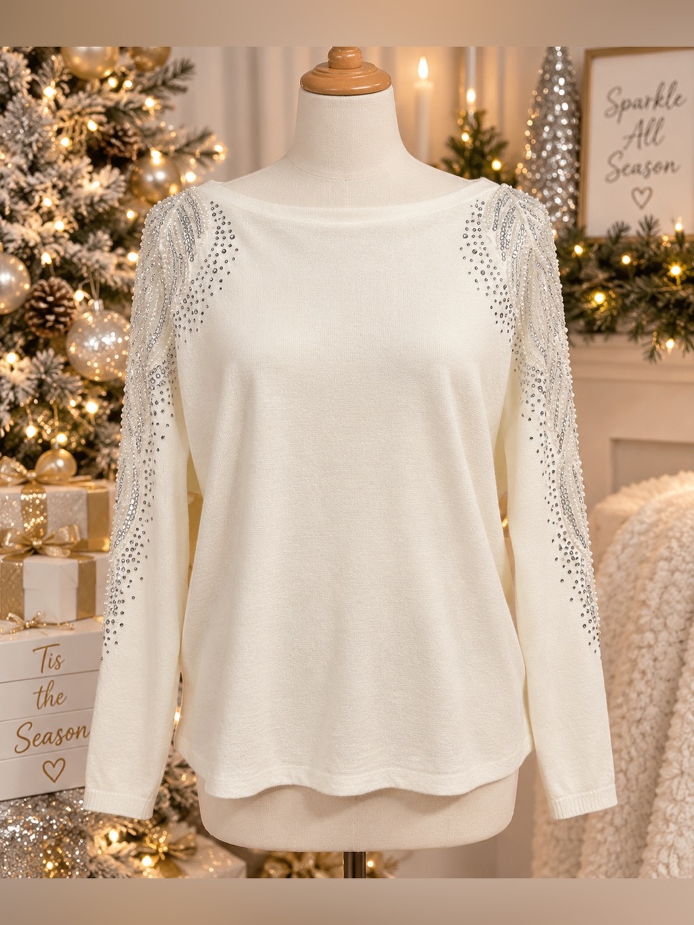 LIV Milano Ivory Embellished Beaded Rhinestone Sweater Top Size Large NWT